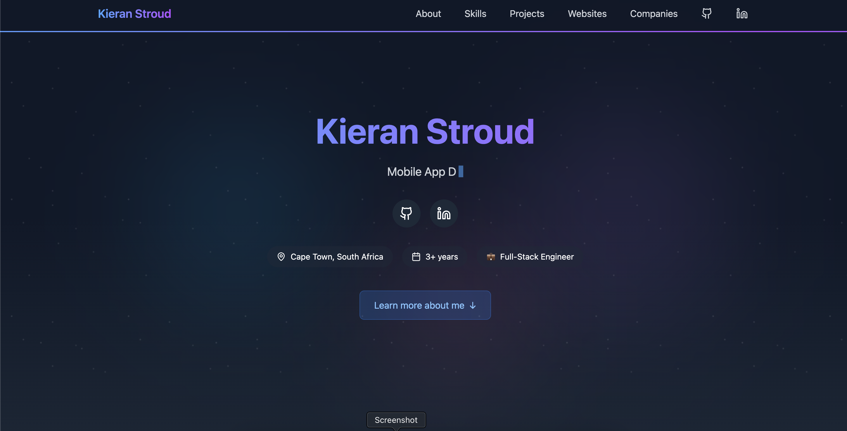Screenshot of Kieran Stroud's professional portfolio website for a Cape Town based full-stack engineer